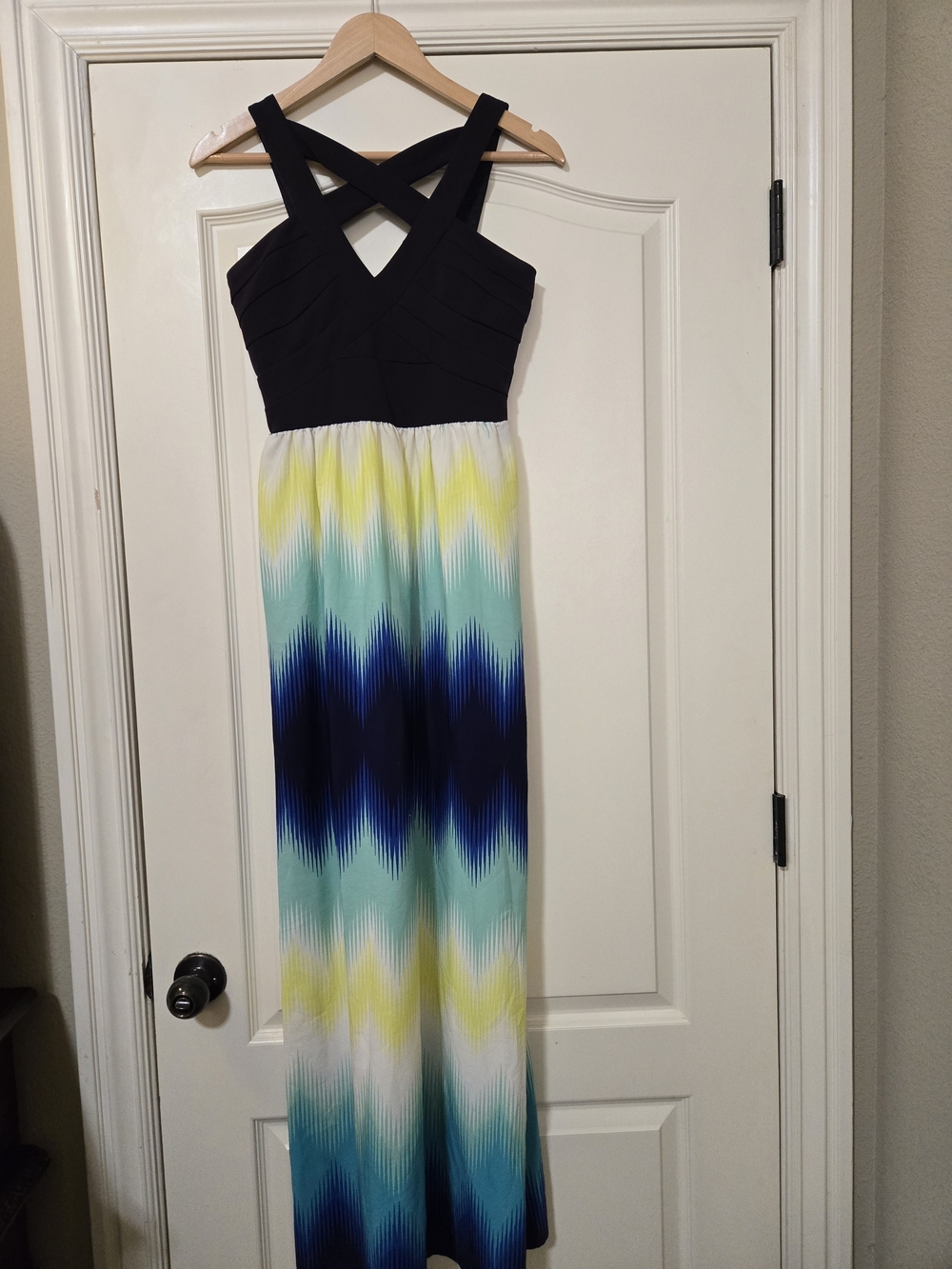 Crystal Doll Black Bodice Maxi with Blue, Teal and Yellow Ombre